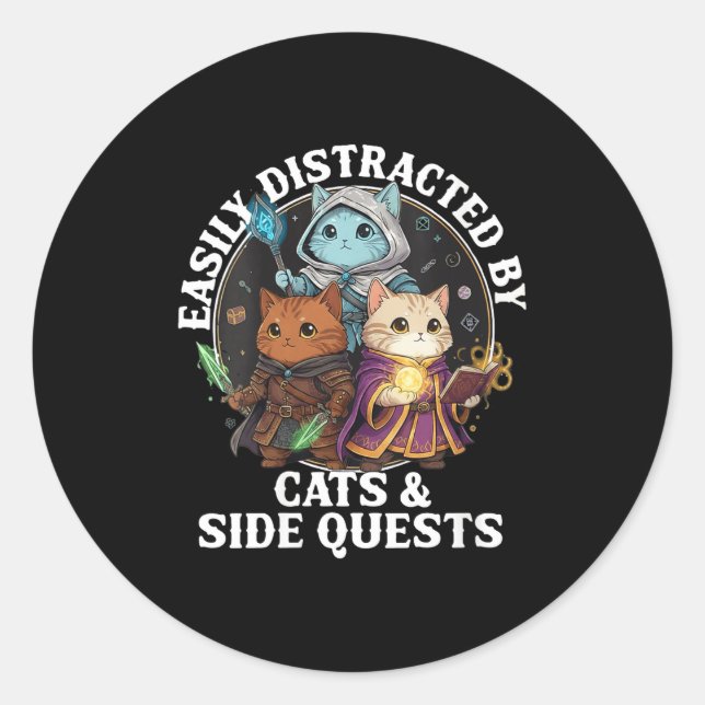 Womens Cats Side Quest Distracted Tabletop Funny S Classic Round Sticker (Front)