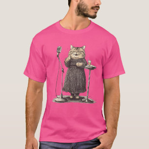 Womens Charming Feline Jazz Singer Microphone T-Shirt