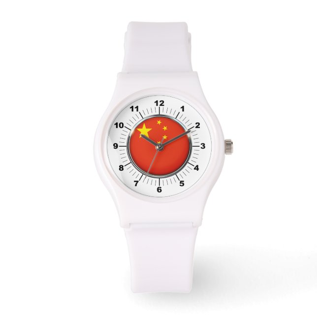 Women's China Flag Sporty White Silicon Watch (Front)