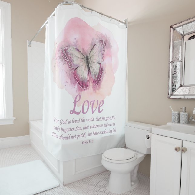 Women's Christian Bible Verse Butterfly: Love Shower Curtain (In Situ)