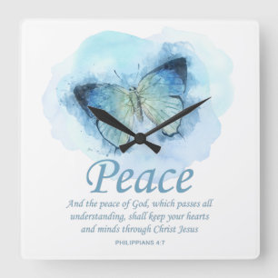 Women's Christian Bible Verse Butterfly: Peace Square Wall Clock