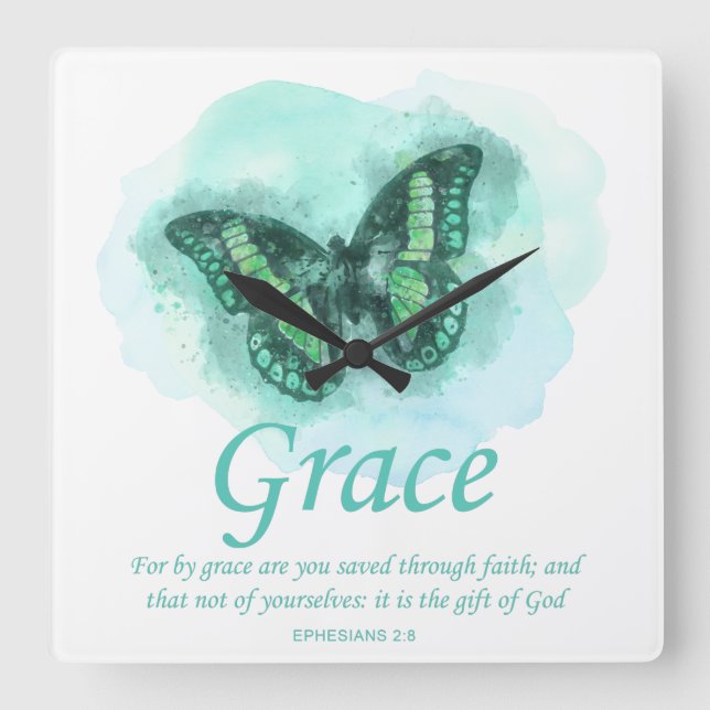 Womens Christian Butterfly Verse: Grace Square Wall Clock (Front)