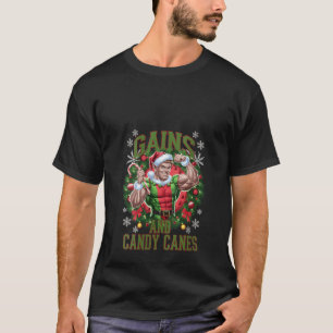 Womens Christmas Elf Gym Workout Gains and Candy C T-Shirt