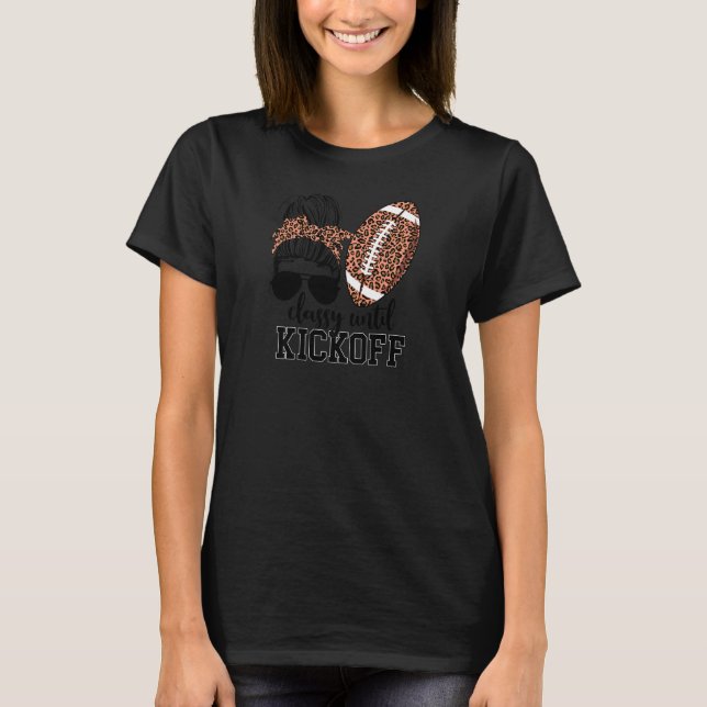 Womens Classy Until Kickoff Messy Bun Leopard Amer T-Shirt (Front)