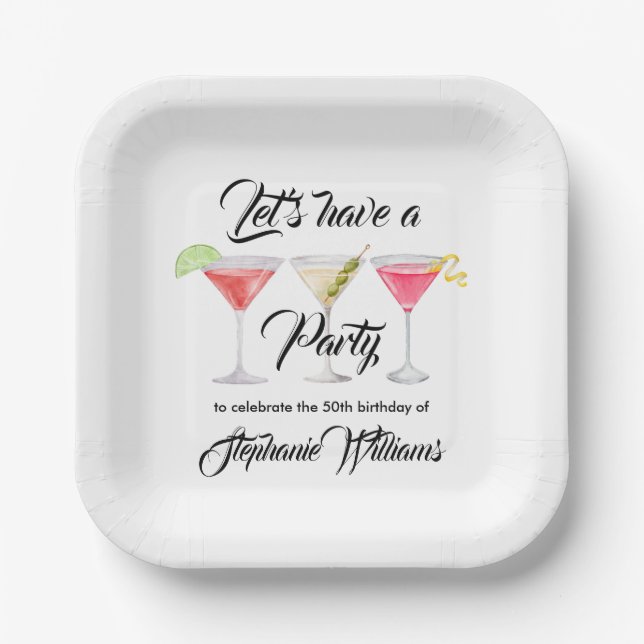 Women's cocktail summer 50th birthday party paper plate (Front)