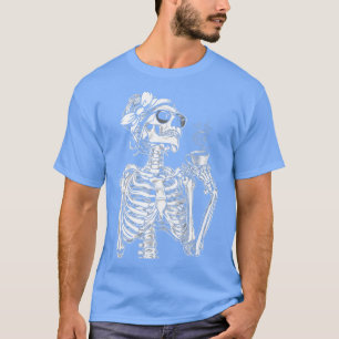 Womens Coffee Drinking Skeleton Lazy Halloween Cos T-Shirt