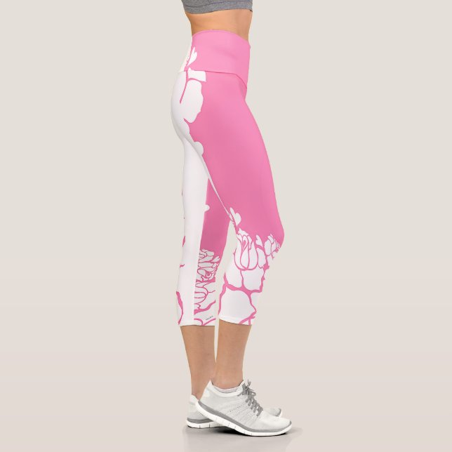 Women's Compression Fit High Waist White Floral  Capri Leggings (Right)