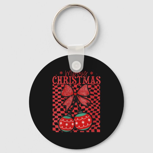 Womens Coquette Bow Christmas Cherries Merry Chris Key Ring (Front)