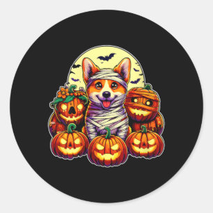 Womens Corgi Mummy And Pumpkins Cute Halloween Classic Round Sticker