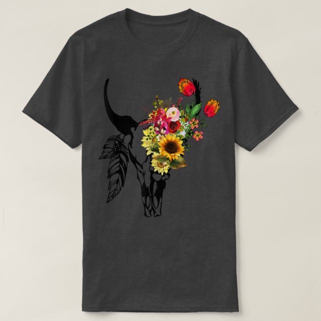 Women's Cow Skull Boho Floral Rose Sunflower Graph T-Shirt (Design Front)