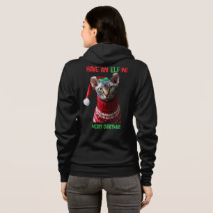 Womens Custom Text Elf Sphynx Cat Christmas Photo Hoodie