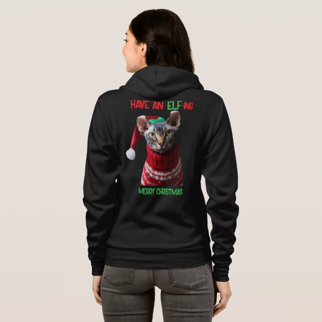 Womens Custom Text Elf Sphynx Cat Christmas Photo  Hoodie (Back Full)