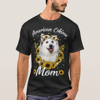 Womens Cute American Eskimo Mum Sunflower Dog Mum  T-Shirt