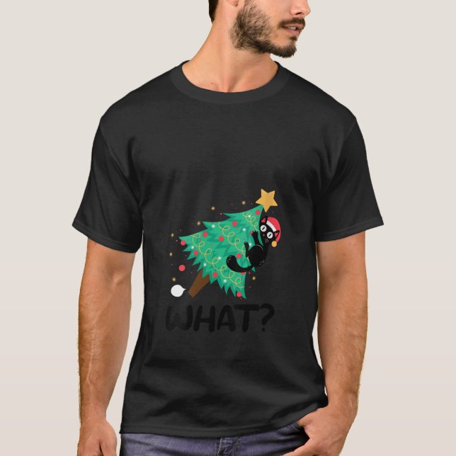 Womens Cute Black Cat Pushing Christmas Tree Funny T-Shirt (Front)