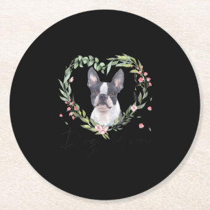 Womens Cute Boston Terrier Mum Flower Dog Lover Round Paper Coaster