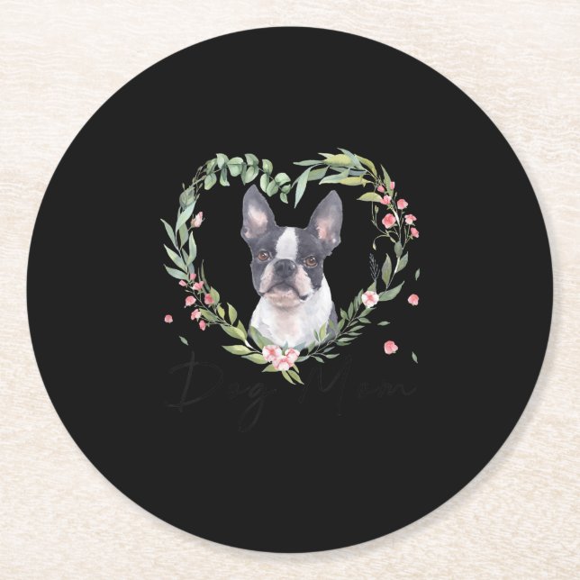 Womens Cute Boston Terrier Mum Flower Dog Lover Round Paper Coaster (Front)