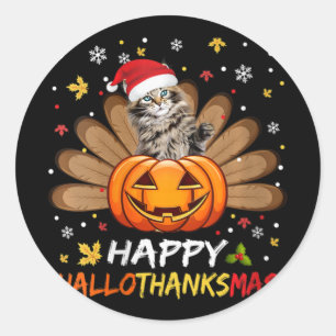 Womens Cute Cat Happy Hallothanksmas Halloween Tha Classic Round Sticker