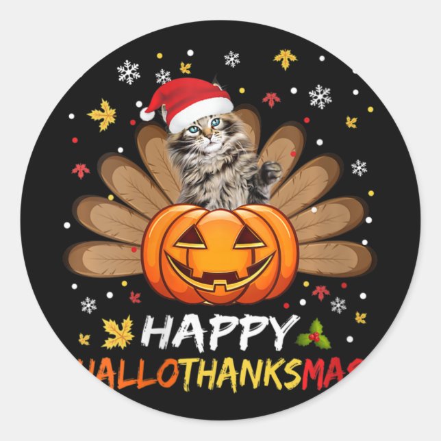 Womens Cute Cat Happy Hallothanksmas Halloween Tha Classic Round Sticker (Front)