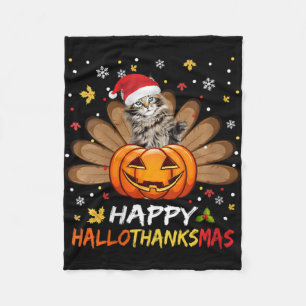 Womens Cute Cat Happy Hallothanksmas Halloween Tha Fleece Blanket