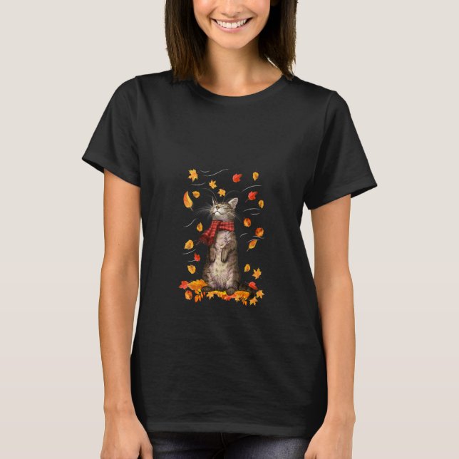 Womens Cute Cat Scarf Leaf Falling Wind Cat    Ide T-Shirt (Front)