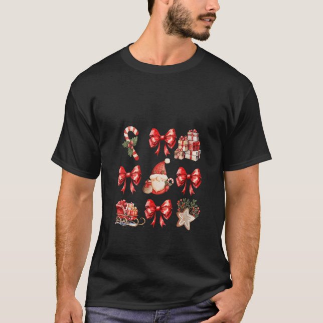 Womens Cute Coquette Bows Christmas Santa Gingerbr T-Shirt (Front)