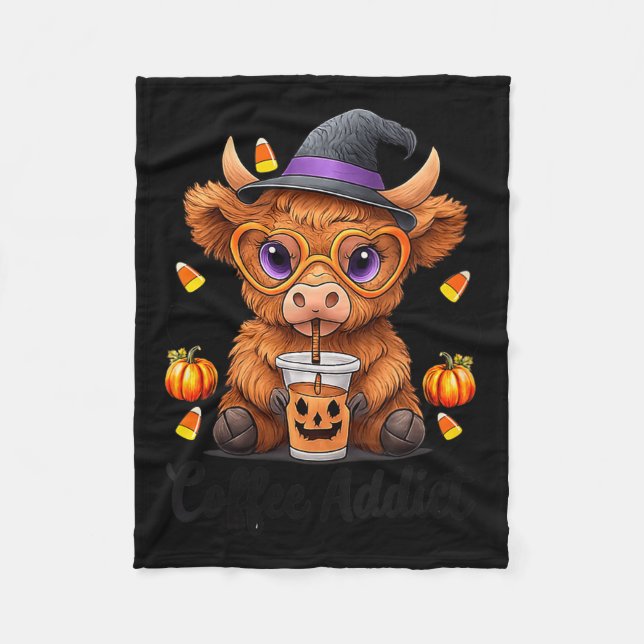 Womens Cute Cow Drinking Coffee Halloween Art V-ne Fleece Blanket (Front)