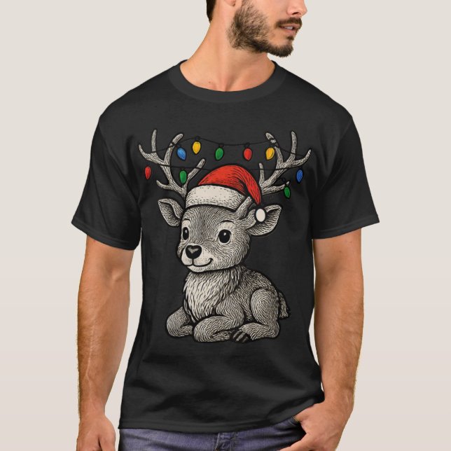 Womens Cute Deer Fawn Fairy Lights Antlers Xmas Ch T-Shirt (Front)