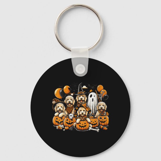 Womens Cute Ghost And Witch Goldendoodle Halloween Key Ring (Front)