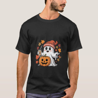 Womens Cute Ghost Cosy Hat Coffee Pumpkin Hallowee T-Shirt