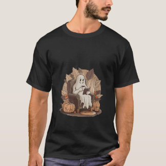 Womens Cute Ghost Drinking Coffee Halloween Fall G T-Shirt