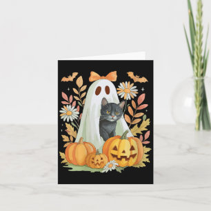 Womens Cute Ghost With Black Cat Bats And Pumpkins Card