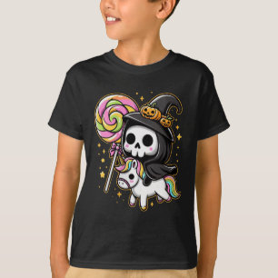 Womens Cute Grim Reaper Witch Riding Unicorn Hallo T-Shirt
