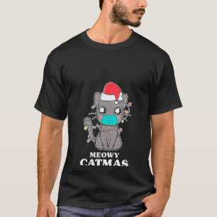 Womens Cute Merry Meowy Catmas Christmas Mask Cat T-Shirt