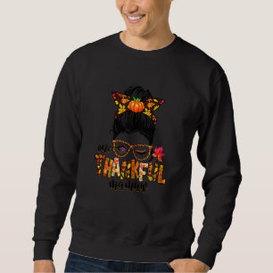 Womens Cute One Thankful Mamaw Messy Bun Fall Autu Sweatshirt