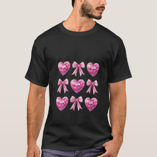 Womens Cute Pink Coquette Bow Heart Disco Ball Cut T-Shirt
