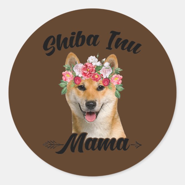 Womens Cute Shiba Inu Mama Flower Graphic Dog Classic Round Sticker (Front)