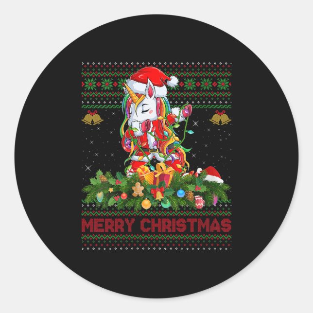 Womens Dabbing Unicorn Ugly Christmas Sweaters Fun Classic Round Sticker (Front)