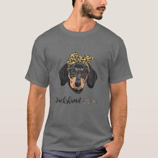 Womens Dachshund Mum Leopard Print Glasses Bandann T-Shirt