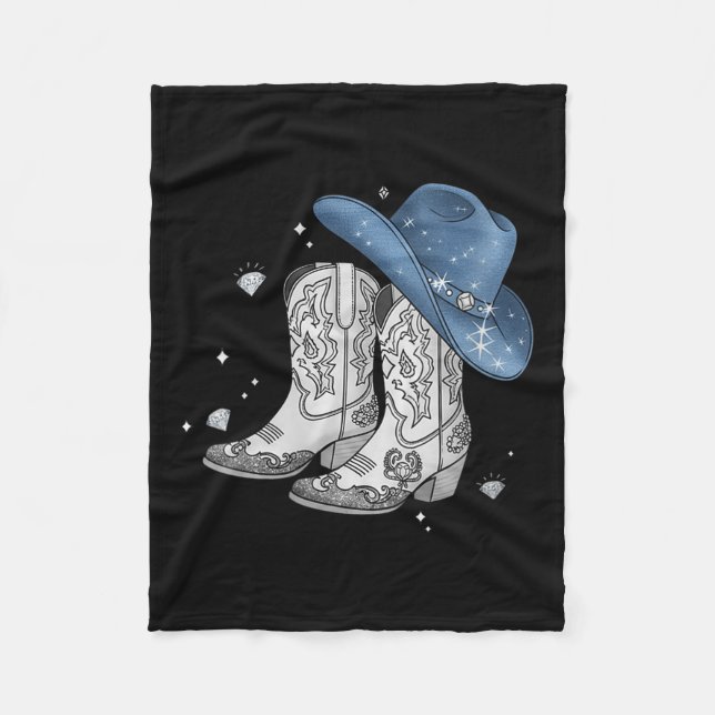 Womens Denim &amp; Diamonds Black Tee Western Cowg Fleece Blanket (Front)