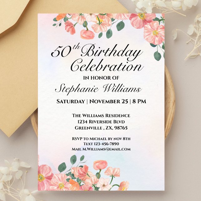 Women's Elegant Floral 50th Birthday Celebration  Invitation (Creator Uploaded)