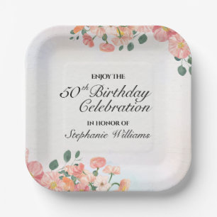 Women's Elegant Floral 50th Birthday Celebration Paper Plate