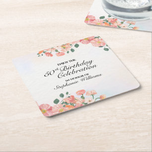 Women's Elegant Floral 50th Birthday Celebration  Square Paper Coaster