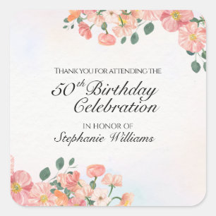 Women's Elegant Floral 50th Birthday Celebration Square Sticker