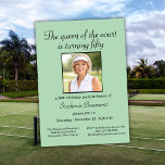 Women's Elegant Photo Tennis 50th Birthday Party Invitation<br><div class="desc">Honor a remarkable milestone with this beautifully designed 50th birthday party invitation. The soft green background highlights a replaceable photo, allowing you to personalize it with ease. The elegant script headline, “The queen of the court is turning fifty, ” adds a charming and celebratory feel. Event details are clearly arranged...</div>