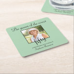 Women's Elegant Photo Tennis 50th Birthday Party Square Paper Coaster<br><div class="desc">Honor a remarkable milestone with this beautifully designed 50th birthday party coaster. The soft green background highlights a replaceable photo, allowing you to personalize it with ease. The elegant script headline, “The queen of the court" and "fifty, ” adds a charming and celebratory feel. Event details are clearly arranged below...</div>