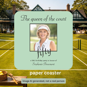Women's Elegant Photo Tennis 50th Birthday Party Square Paper Coaster