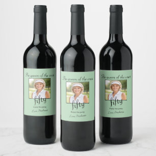 Women's Elegant Photo Tennis 50th Birthday Party Wine Label