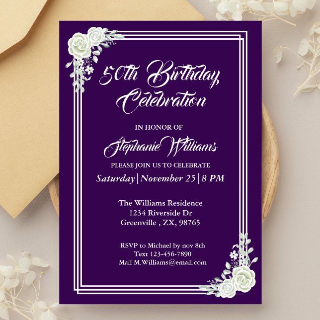 Women's Elegant Purple Floral 50th Birthday Party  Invitation (Creator Uploaded)
