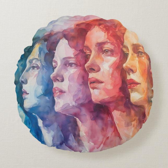 Women's Faces - Watercolor Painting Round Cushion (Front)