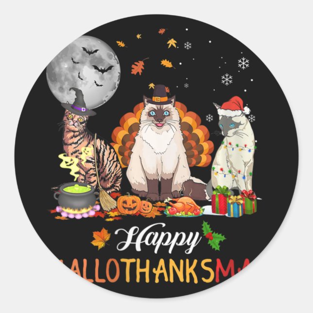 Womens Fall Autumn Cute Cat Halloween Thanksgiving Classic Round Sticker (Front)